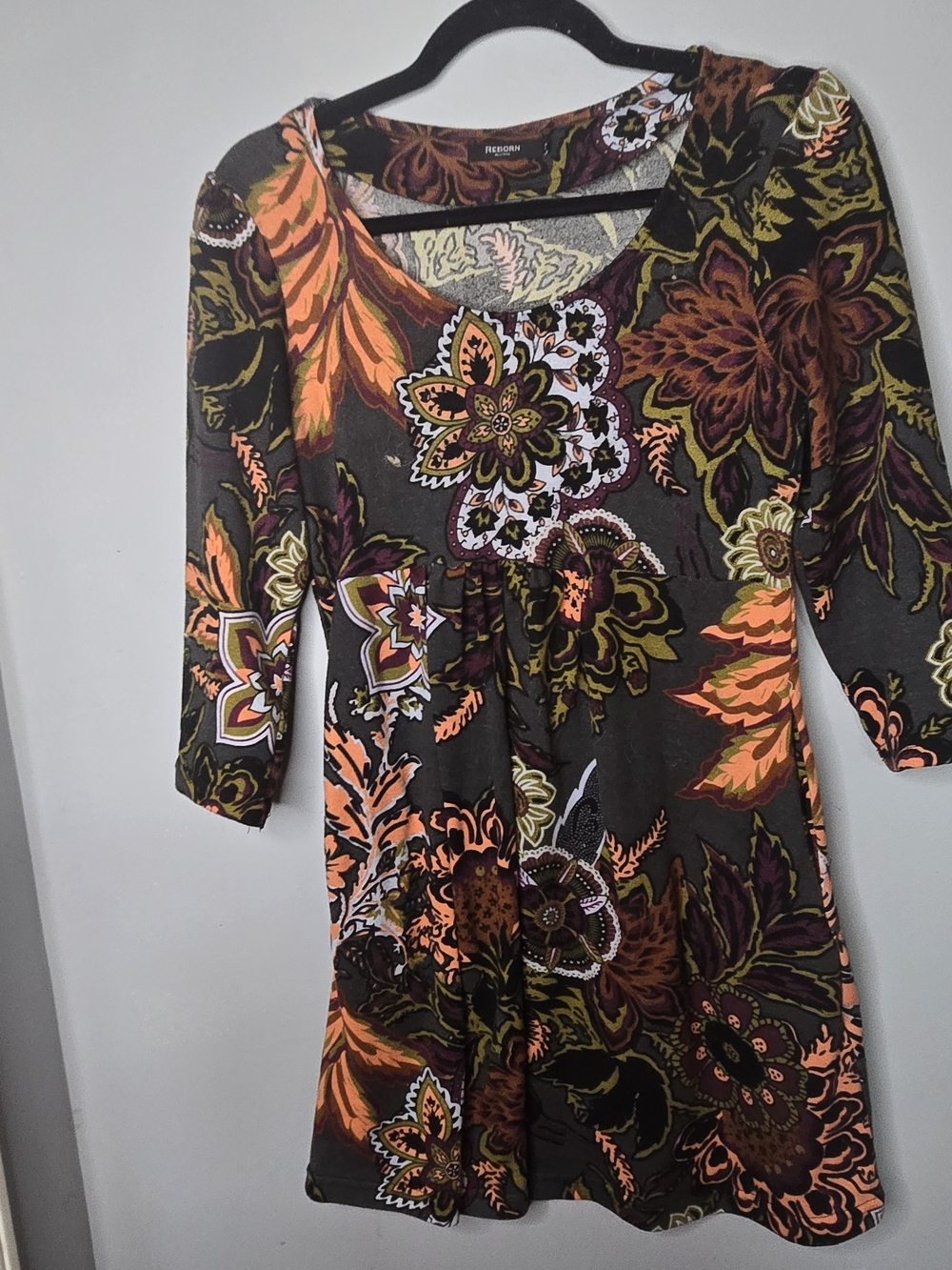 Reborn Floral Print Empire Waist Knit Dress Women's Medium Boho 3/4 Sleeve Fall